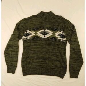 Carbon 1/4 Zip‎ Green Knit Sweater Aztec Pattern Ribbed Neck XXL